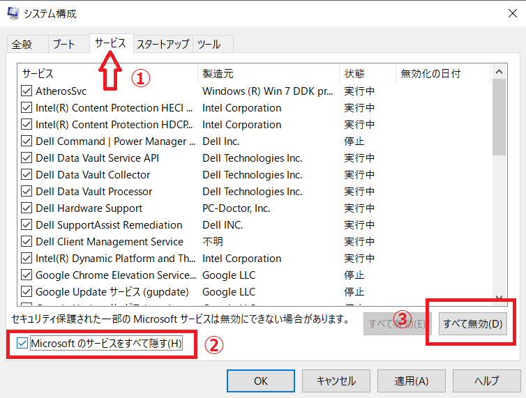 サービスタブ、サービスを全て隠す、すべて無効を示す